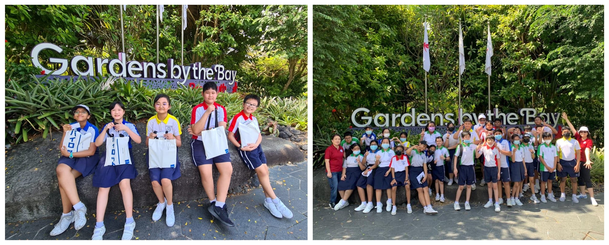Students in school uniforms pose in front of the Gardens by the Bay sign, in two group photos outdoors.